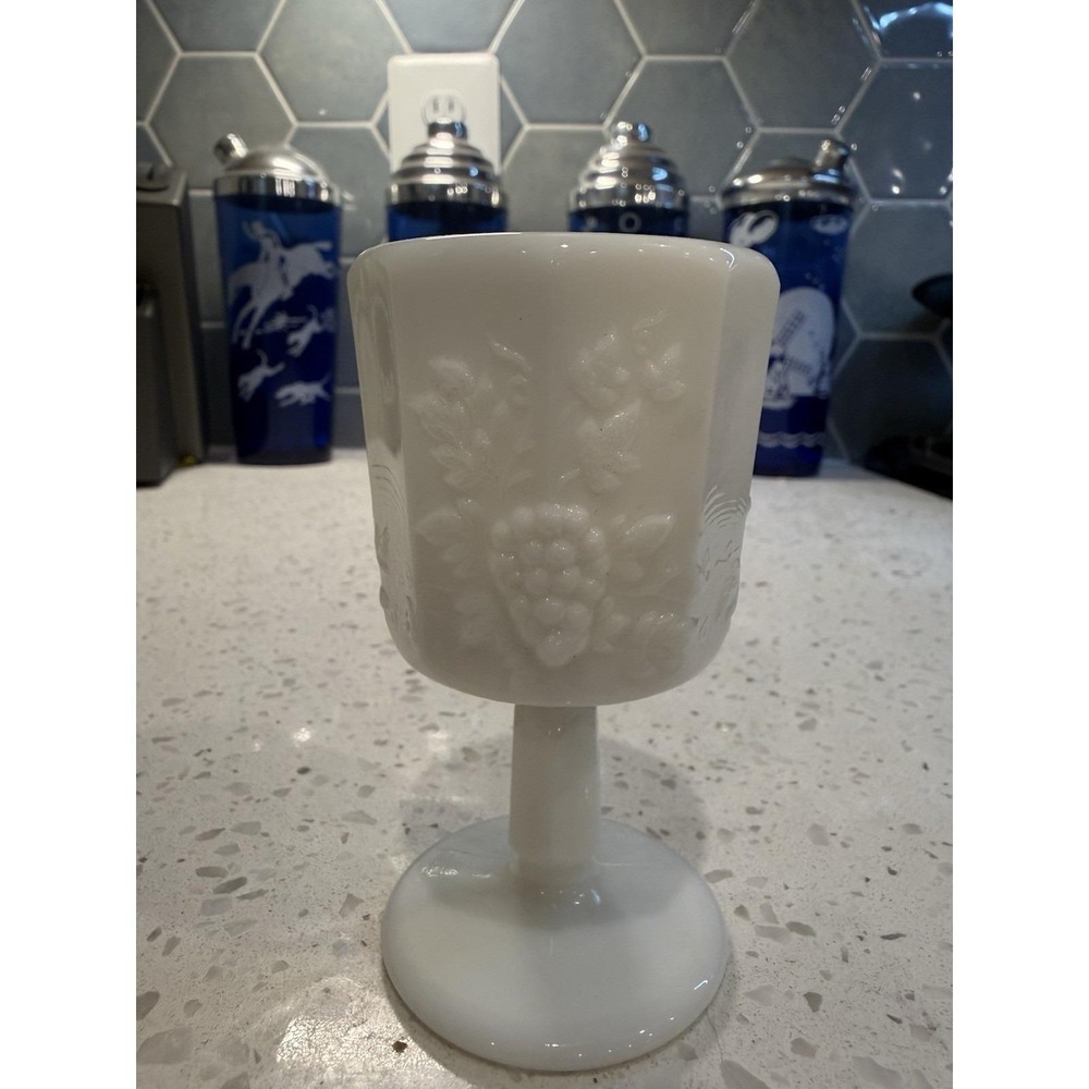 Westmoreland Paneled Grape Milk Glass 6" Water Goblet Stem Mid Century Glass